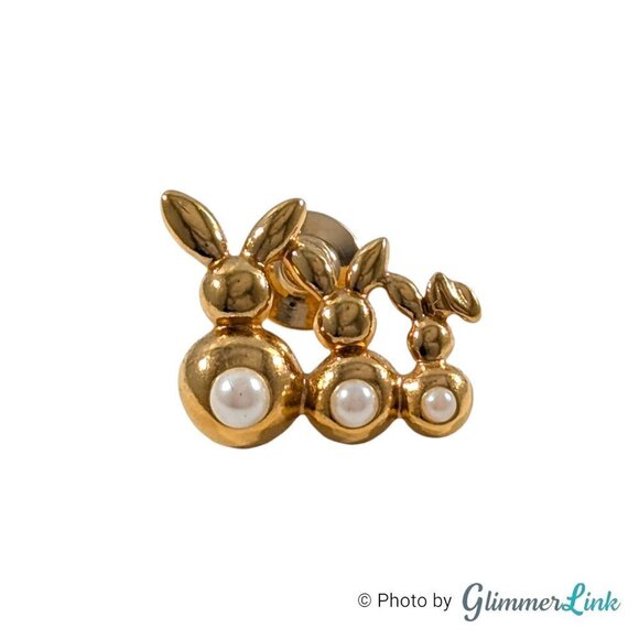 Vintage 90s Avon Three Bunnies Faux Pearl Tails Gold Tone Pin - Picture 1 of 5